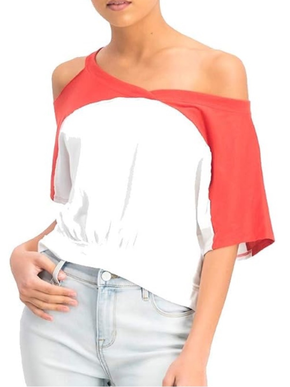 Free People Ivory and Red Off-Shoulder Cropped Top